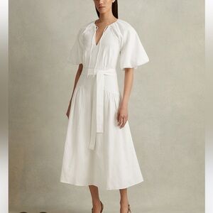 Reiss White Midi Dress with Puff Sleeves